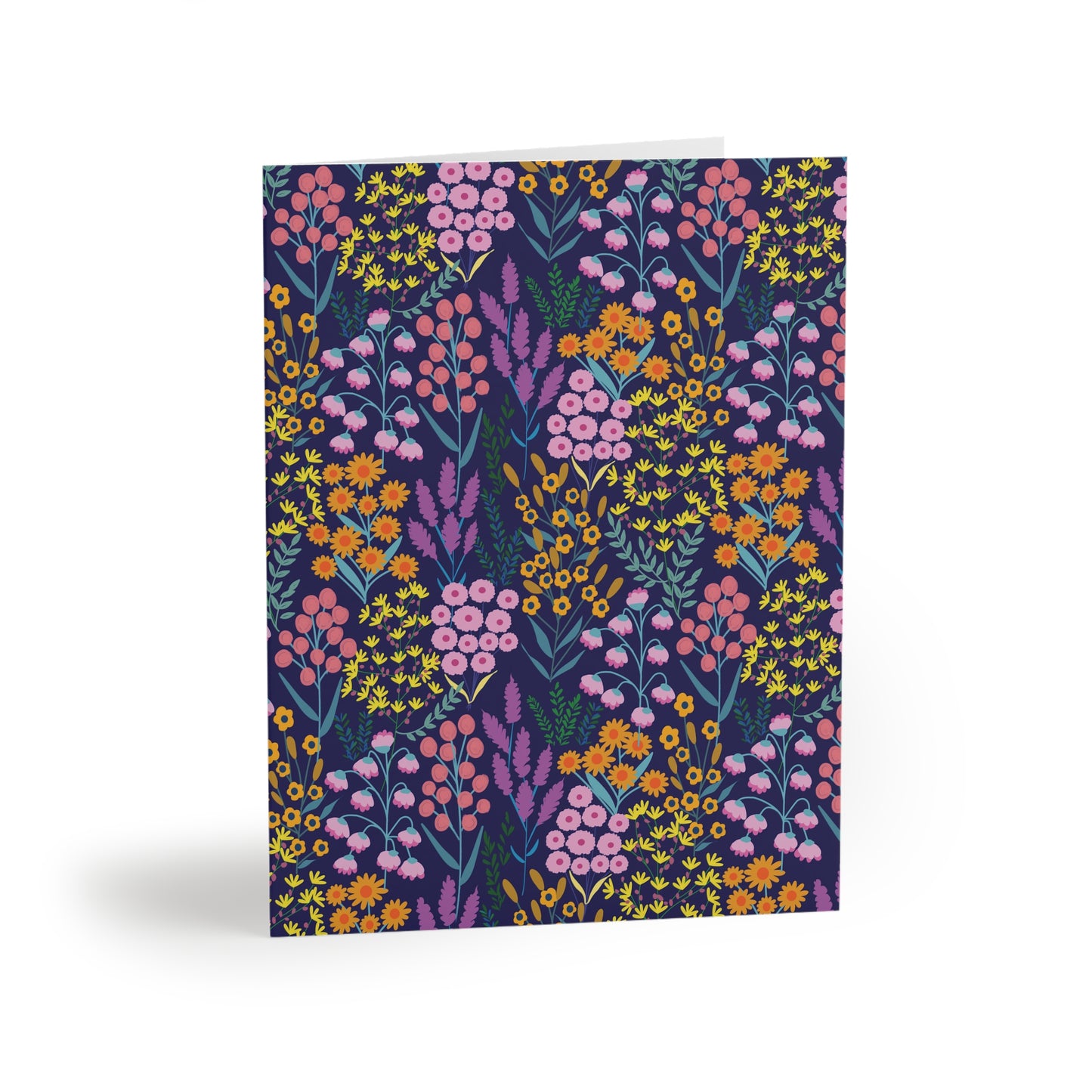 Floral Wildflower Greeting Cards — Pack of 8/16/24, featuring a vibrant wildflower pattern with pink, orange, and yellow blooms on a navy background, embodying FireBrook Designs' joyful, uplifting aesthetic.