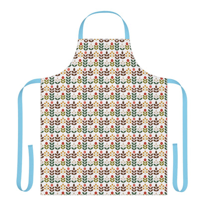 Flower Pattern Apron featuring a vibrant floral design with blue straps, ideal for creative cooks or artists. Crafted from polyester canvas for comfort, it adds a cheerful touch to kitchens or studios.