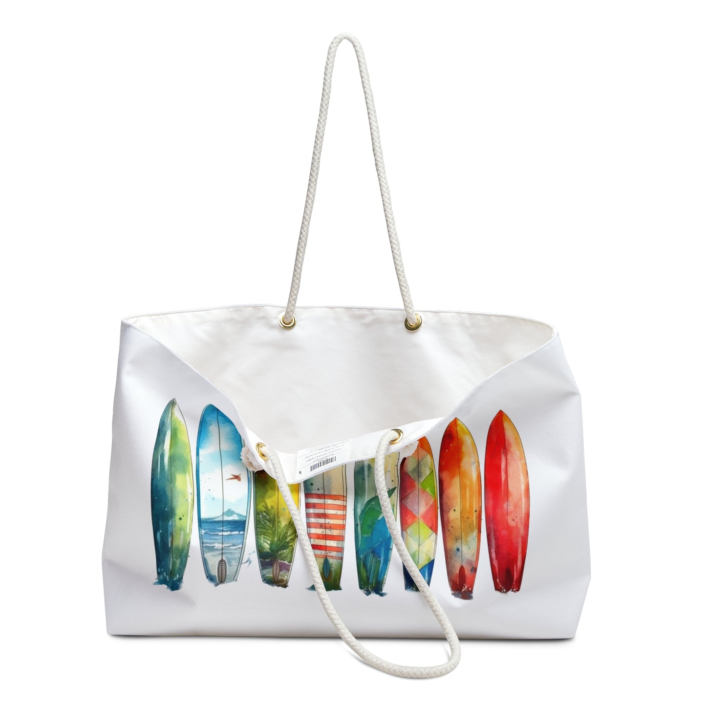 Weekender Bag with a surfboard theme, featuring a spacious design and rope handles with gold grommets, ideal for beach lovers and spontaneous travelers. Perfect for enhancing joyful, stylish travel experiences.