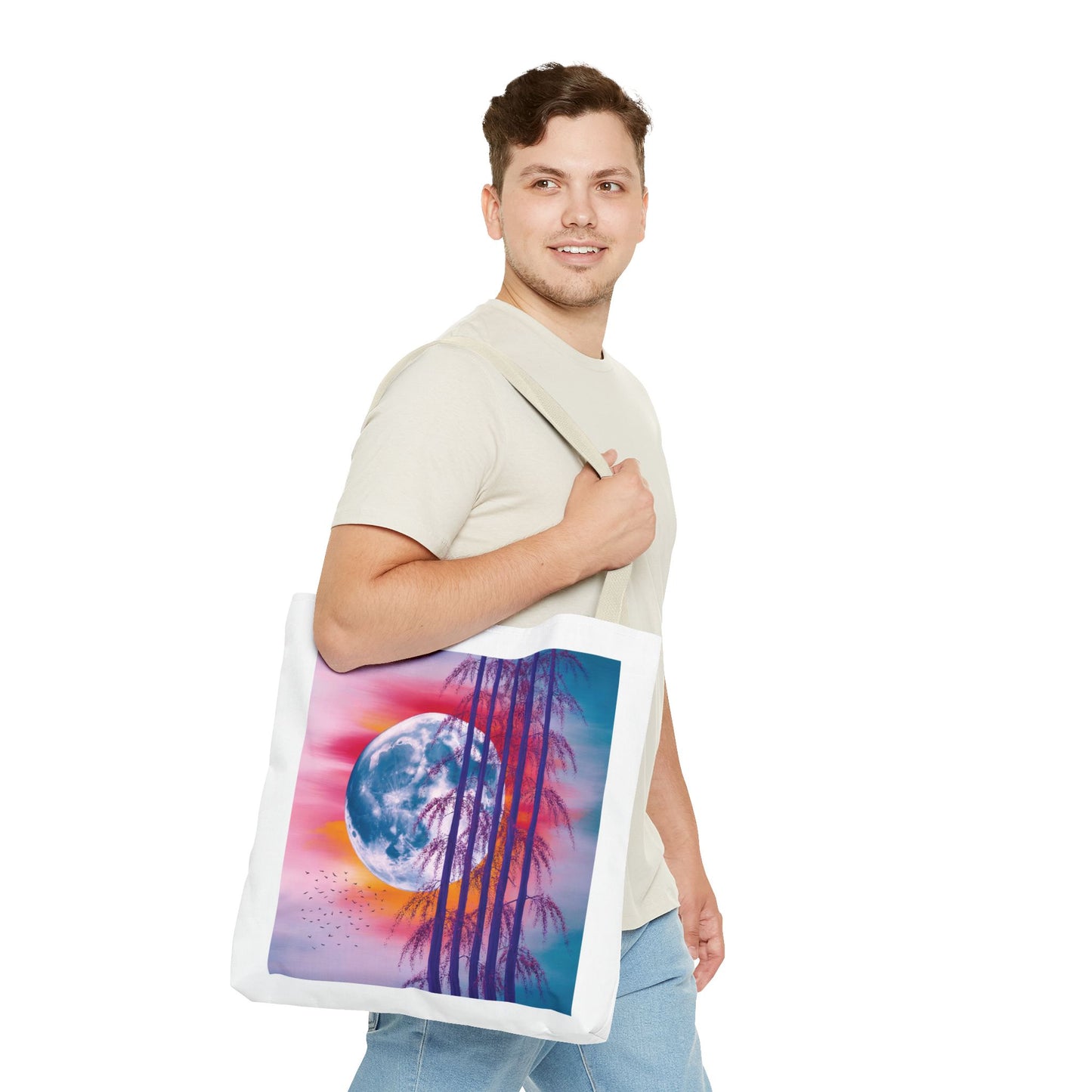 Moonlit Landscape Tote Bag featuring an abstract scene with a vibrant full moon and silhouetted trees against a fiery sunset, offering a dramatic, energetic vibe; ideal for nature and art lovers.