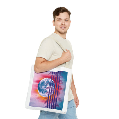 Moonlit Landscape Tote Bag featuring an abstract scene with a vibrant full moon and silhouetted trees against a fiery sunset, offering a dramatic, energetic vibe; ideal for nature and art lovers.