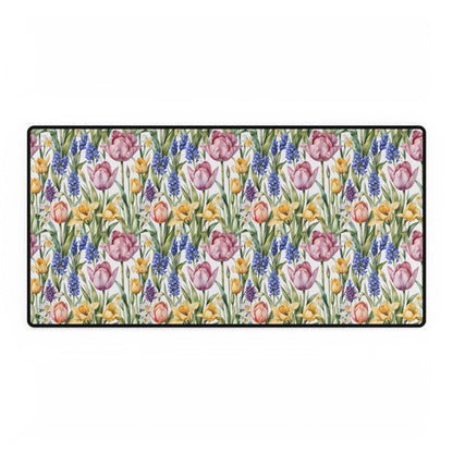 Desk Mat - Spring Garden Tulips Daffodils Hyacinths, featuring a vibrant floral motif on a rectangular mat, ideal for enhancing workspace serenity and joy.