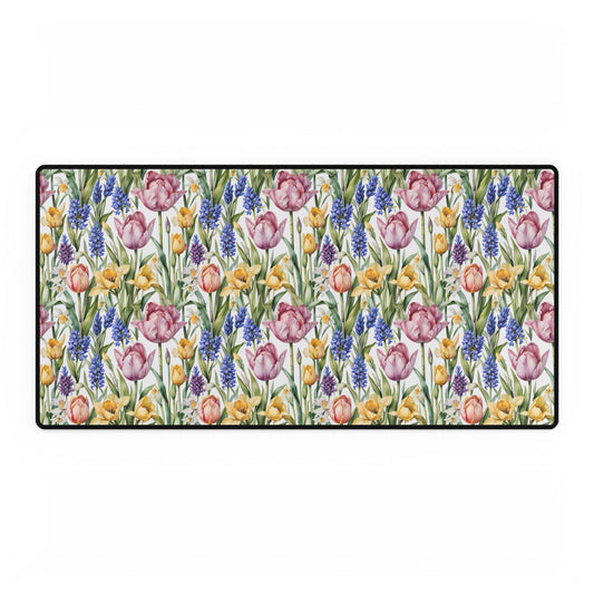 Desk Mat - Spring Garden Tulips Daffodils Hyacinths, featuring a vibrant floral motif on a rectangular mat, ideal for enhancing workspace serenity and joy.
