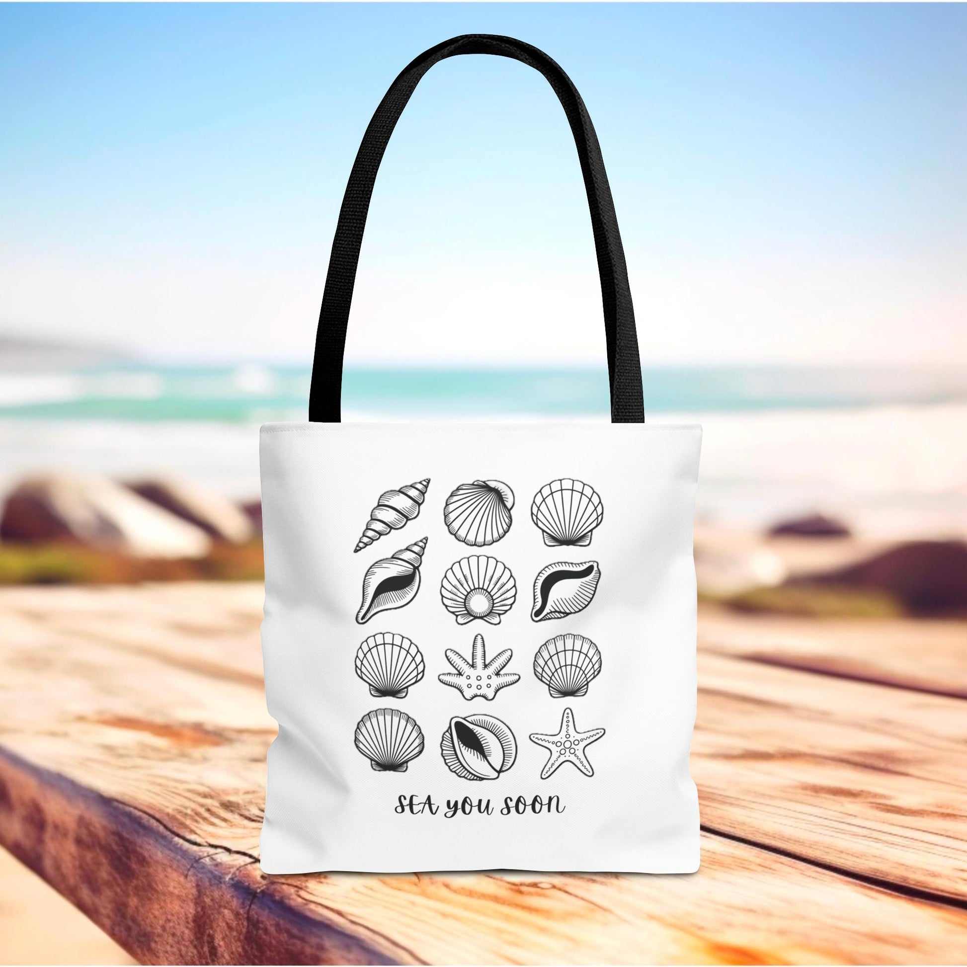 Sea Shells Tote Bag featuring a beachy design, crafted from durable polyester with reinforced stitching, perfect for seaside adventures. A stylish and practical accessory for beach lovers and coastal enthusiasts.