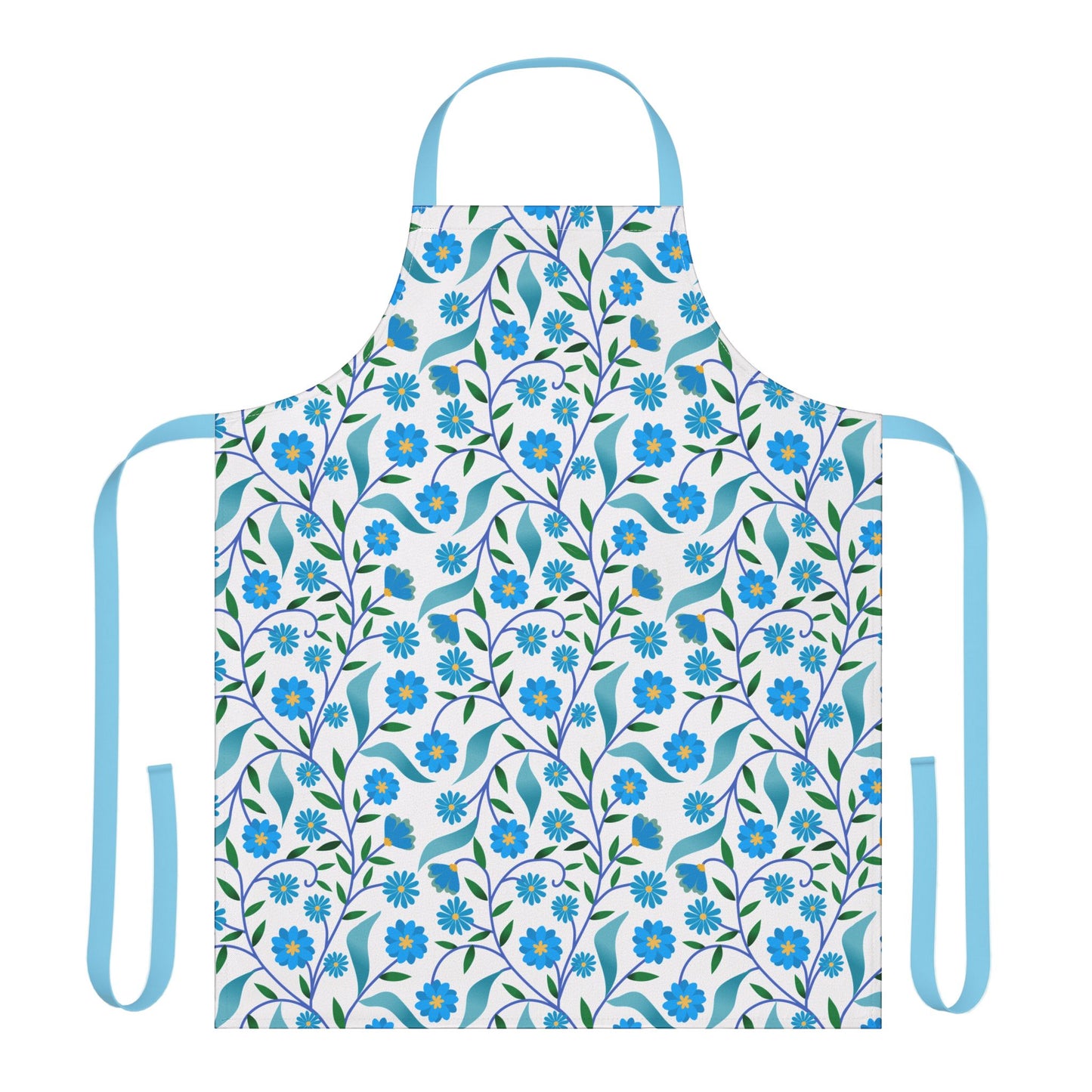 Apron Floral Design: A stylish white apron with a blue floral pattern, featuring light-blue neck and waist ties. Made from soft polyester canvas, perfect for cooking and crafting with comfort and ease.