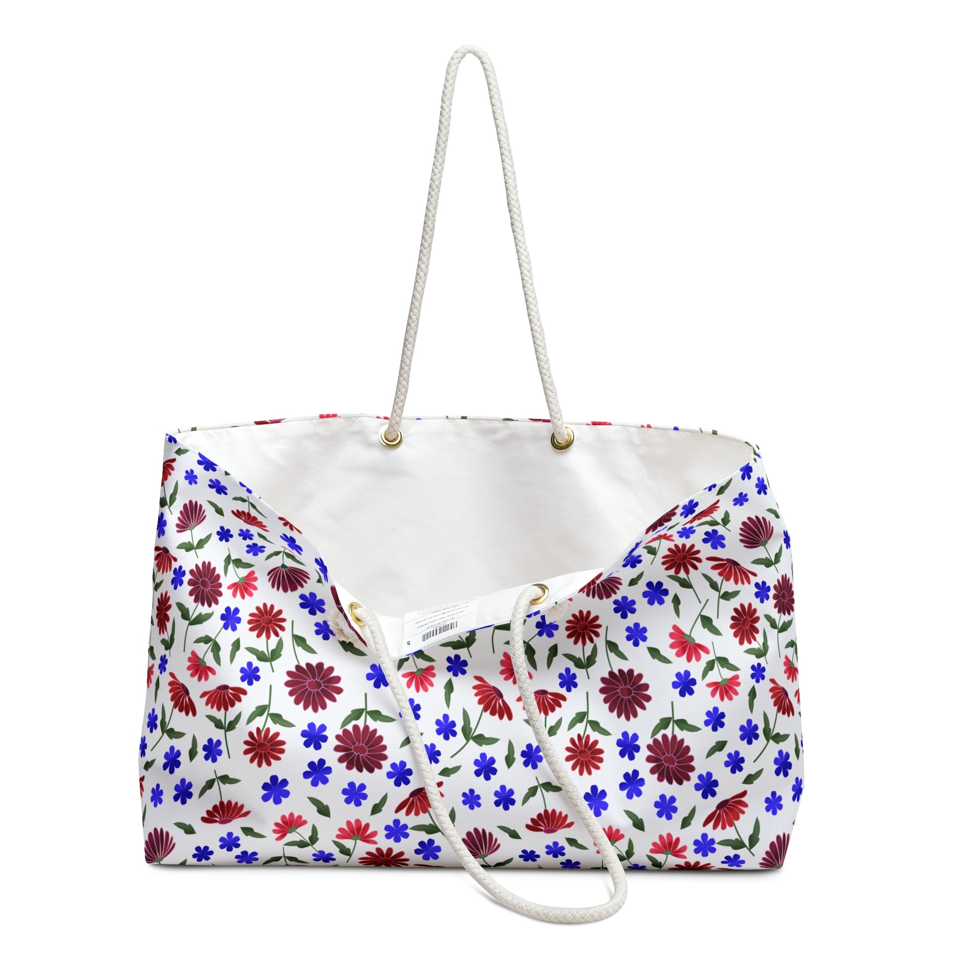 Floral Escape Weekender Bag — Red & Blue Wildflower Travel Tote features a vibrant floral pattern on a crisp white background, soft rope handles, and a structured T-bottom for stylish, cheerful adventures.