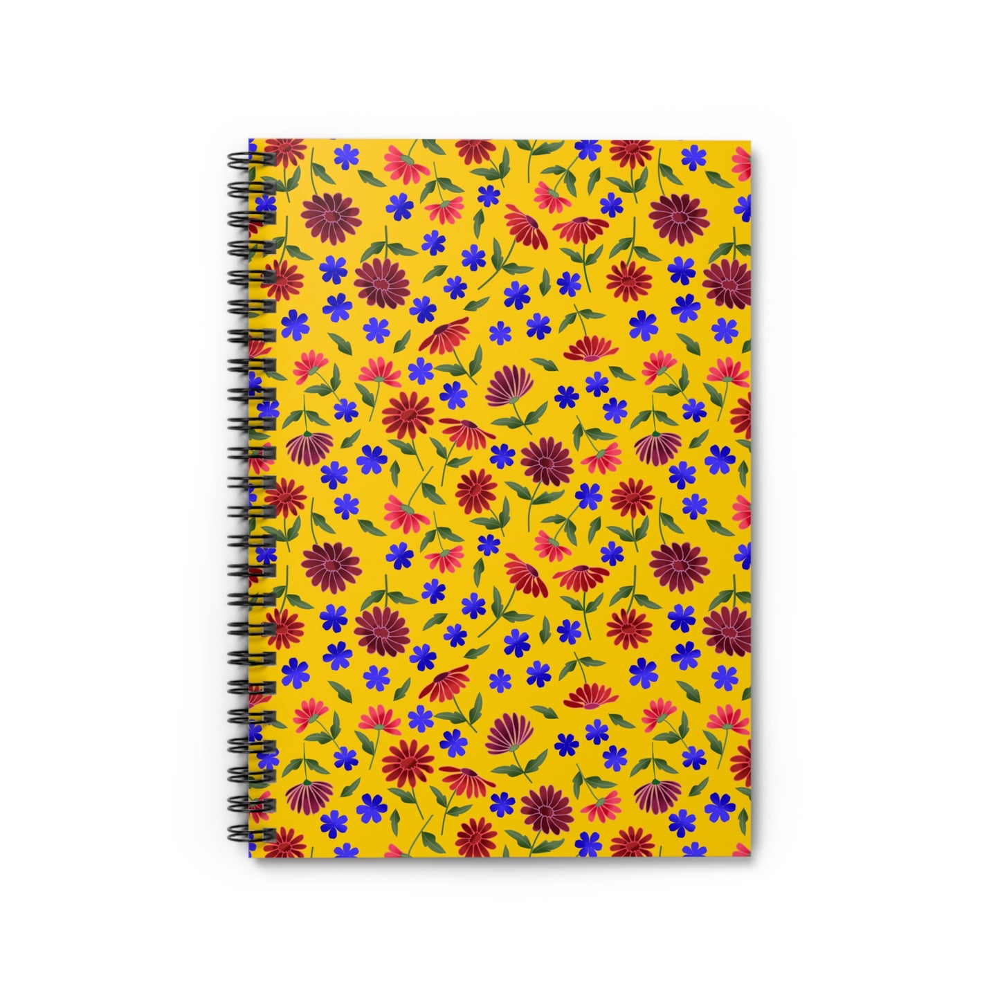 Spiral Notebook, Durable Cover, Ruled, 6x8 – Golden Meadow features a vibrant yellow cover adorned with red, purple, and blue flowers, showcasing FireBrook Designs' uplifting and joyful aesthetic.