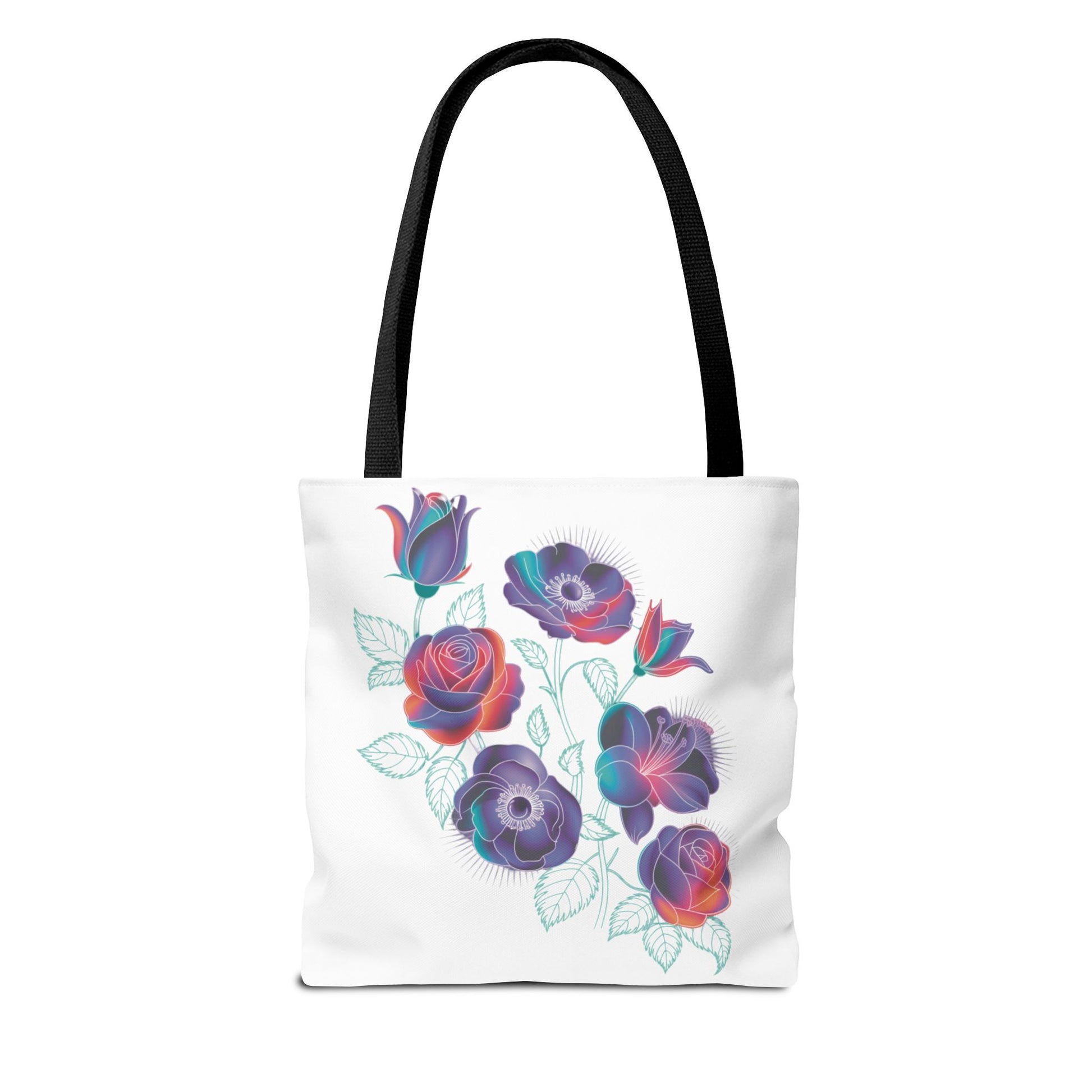 Vibrant Rose, Anemone, Lily Silhouettes Neon Floral Tote Bag showcases bold neon floral designs, perfect for adding style and color to everyday essentials. Ideal for nature lovers and unique design enthusiasts.