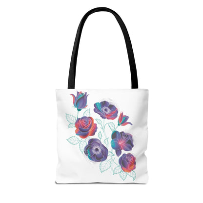 Vibrant Rose, Anemone, Lily Silhouettes Neon Floral Tote Bag showcases bold neon floral designs, perfect for adding style and color to everyday essentials. Ideal for nature lovers and unique design enthusiasts.