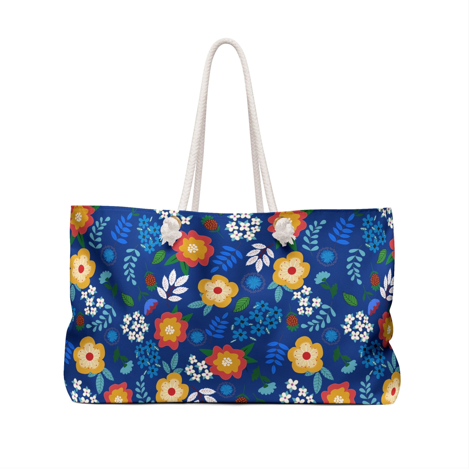Weekender Bag featuring a bold floral pattern with rope handles, ideal for stylish travel. Perfect for getaways, it boasts a spacious interior and durable polyester fabric, embodying FireBrook Essentials' joyful design ethos.