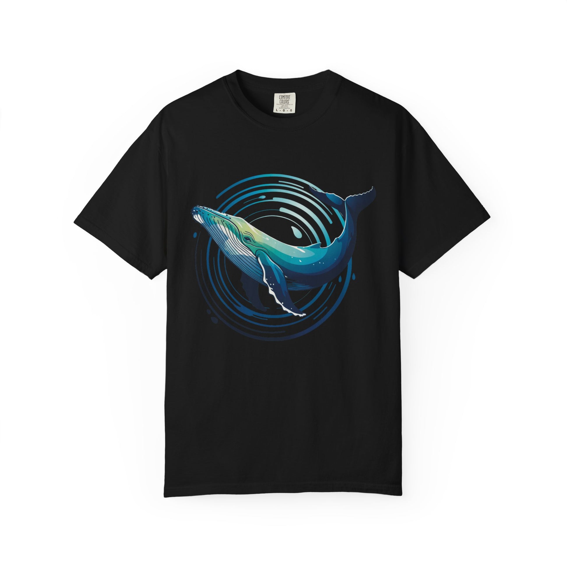 Ocean Wave with Humpback Whale Fin Design T-Shirt showcases an abstract ocean scene with a stylized whale fin, offering a unique, artistic touch ideal for casual wear and marine-themed events.