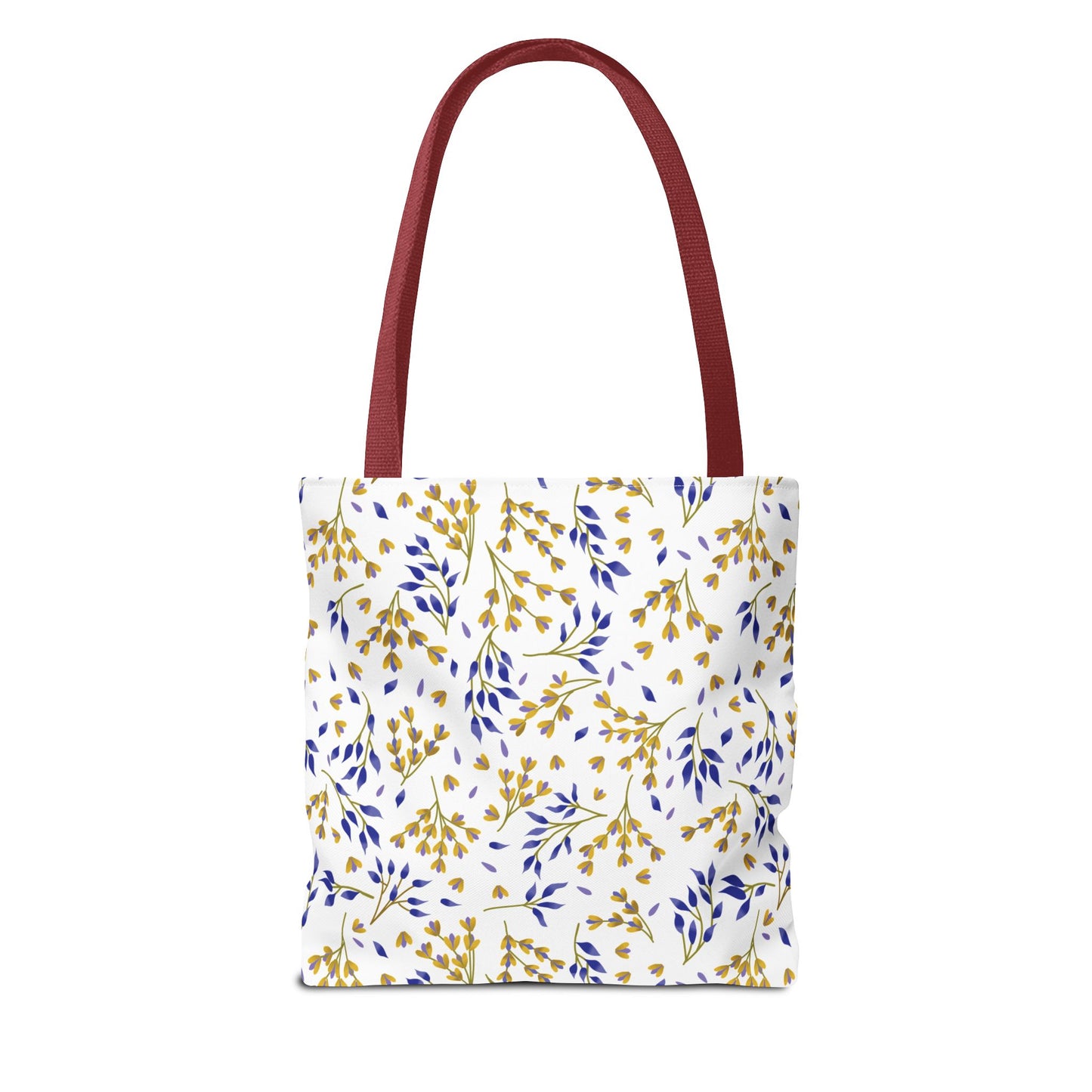 Floral Tote Bag with burgundy straps, featuring a golden yellow and blue botanical pattern on a white background. Ideal for joyful summer outings, embodying FireBrook Designs’ uplifting style.