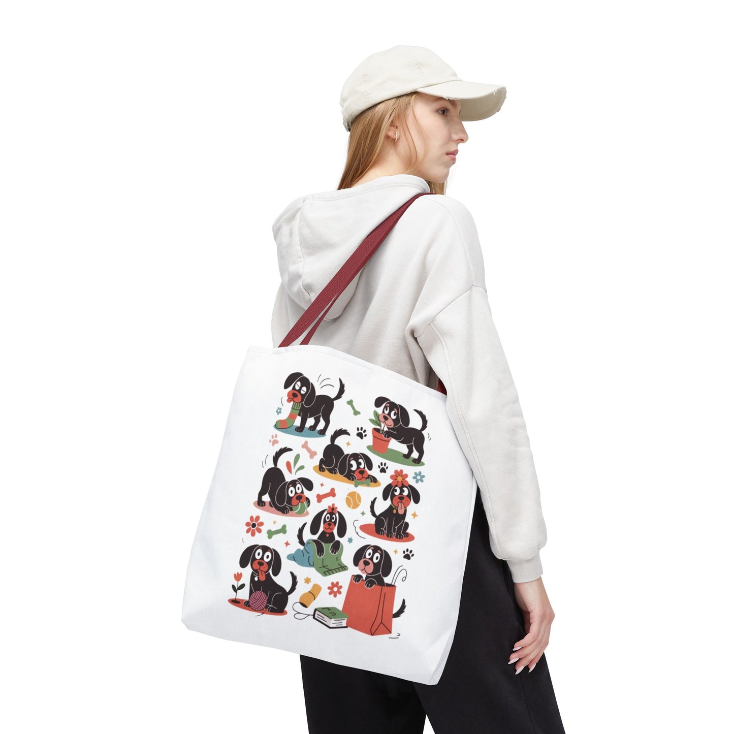 Dog Tote Bag - Playful Cartoon Illustration Design features whimsical, hand-drawn dogs with everyday objects, exuding a mischievous charm. Perfect for dog lovers, its durable polyester make suits everyday use.