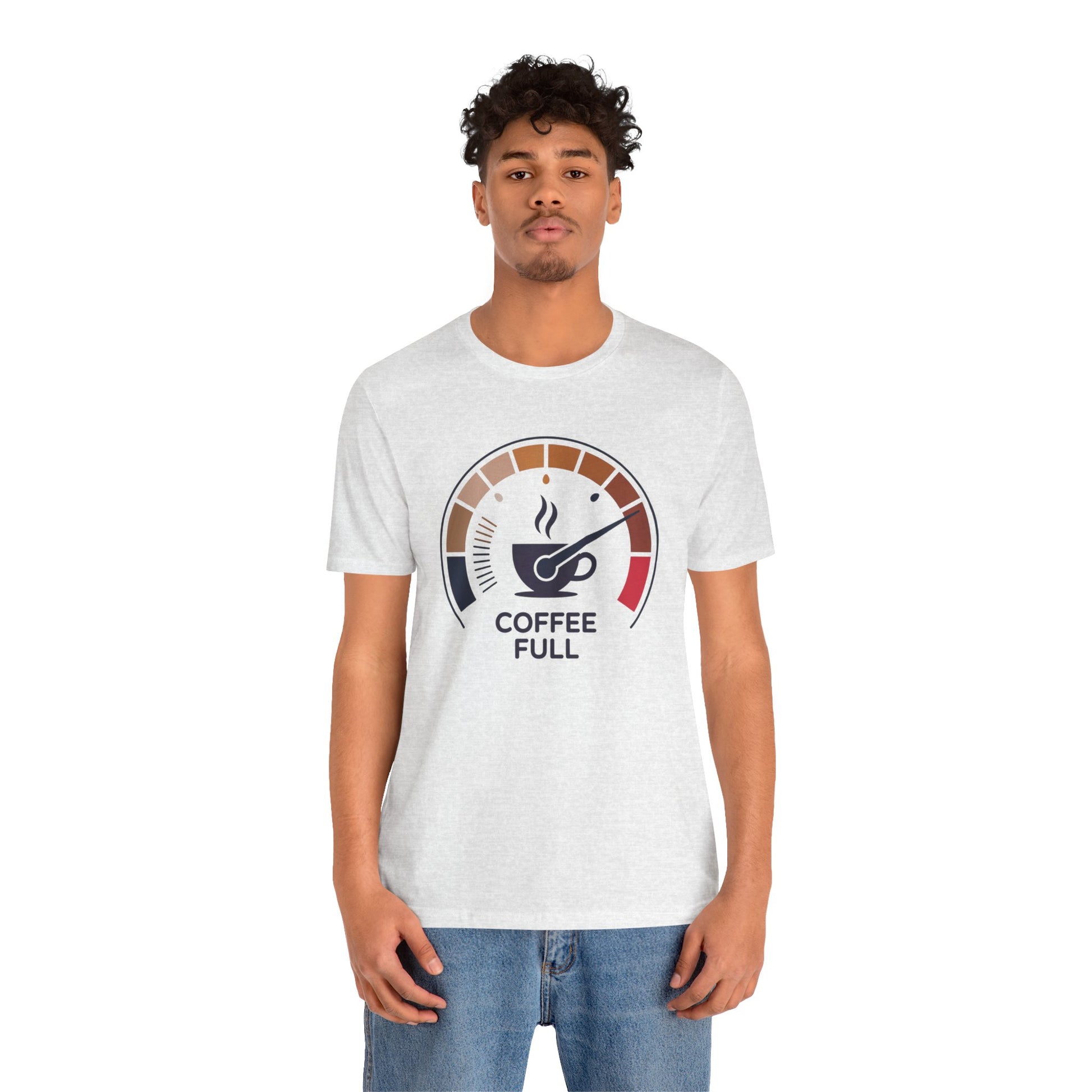 Coffee Full Bella+Canvas Unisex T-Shirt, worn by a man, showcases a stylish design ideal for coffee enthusiasts, blending comfort with an uplifting message, aligning with FireBrook Essentials' positive ethos.
