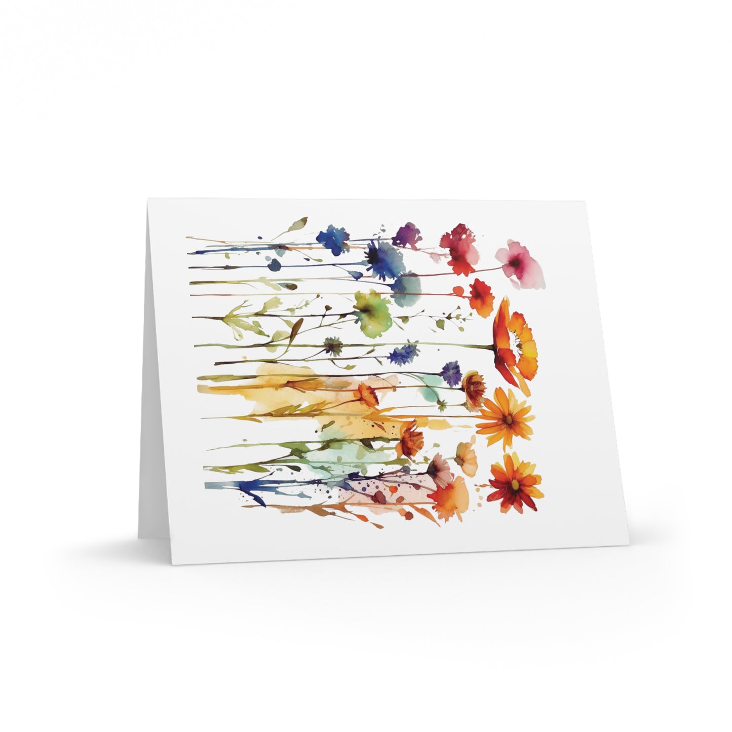 Wildflowers Greeting Cards — Pack of 8/16/24, featuring watercolor-style wildflowers in rainbow hues on a matte-finish, folded card. Includes a matching white envelope, perfect for thoughtful, uplifting messages.