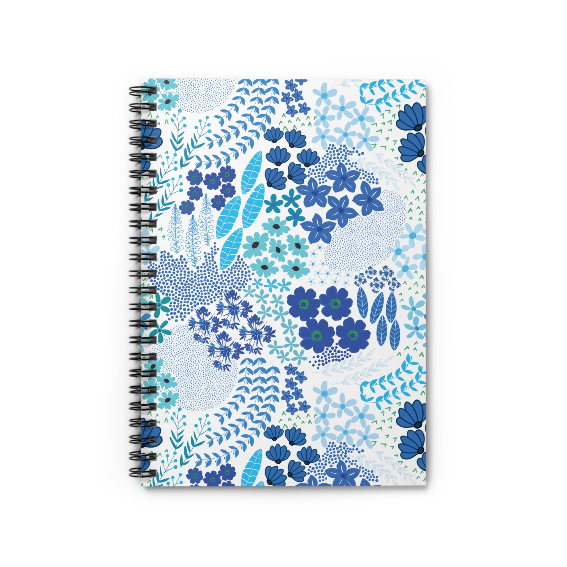 Floral Blue Motif Spiral Notebook with a botanical cover design featuring blue and teal flowers and leaves, bound with a black wire for easy page turning. Ideal for creative and organized note-taking.
