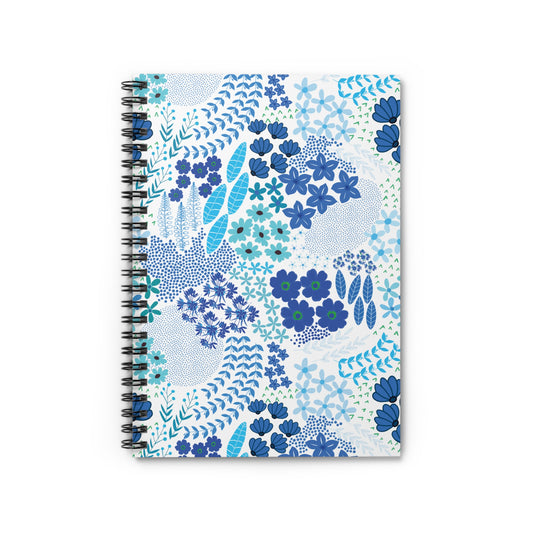 Floral Blue Motif Spiral Notebook with a botanical cover design featuring blue and teal flowers and leaves, bound with a black wire for easy page turning. Ideal for creative and organized note-taking.