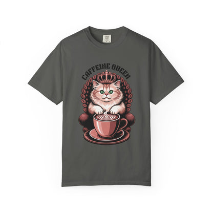 Cat Caffeine Queen T-shirt featuring a cartoon cat with a crown and coffee cup, ideal for cat and coffee lovers. A playful, stylish piece from FireBrook Essentials for casual wear.
