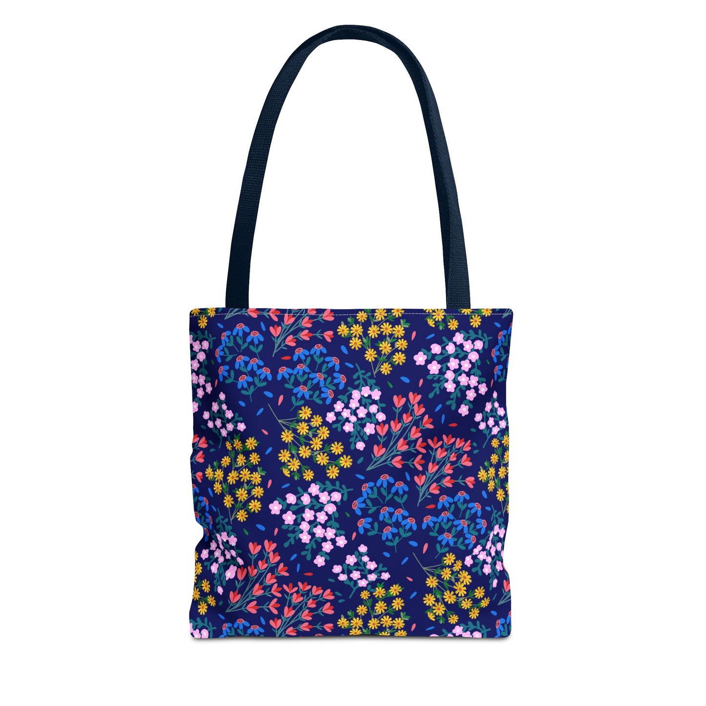 Midnight Garden Tote Bag featuring vibrant floral patterns on a deep blue canvas, with sturdy navy straps. Perfect for daily essentials, merging style and function, crafted by FireBrook Designs for joyful living.
