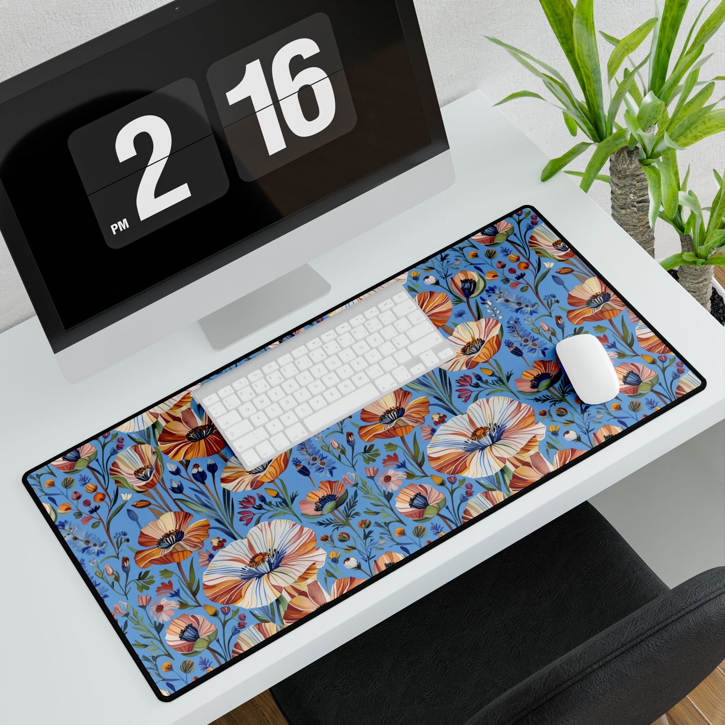 Desk Mats - Spring Wildflowers Poppy Cornflower Iris Design: A vibrant blue mat with floral patterns, complemented by a white keyboard and mouse, enhancing your workspace with color and nature-inspired elegance.