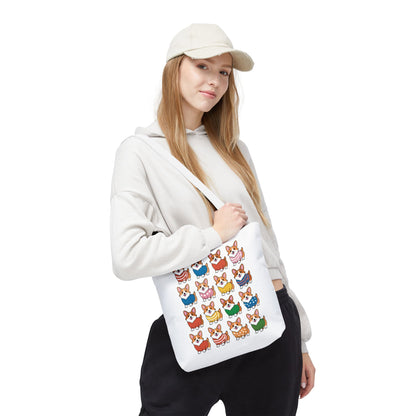 Corgi Grid Tote Bag - Cheerful Cartoon Style Dog Lover Shoulder Bag features playful vector art of Corgis in fun outfits, highlighting FireBrook Essentials' commitment to joyful, stylish accessories. Durable polyester, ideal for daily use.