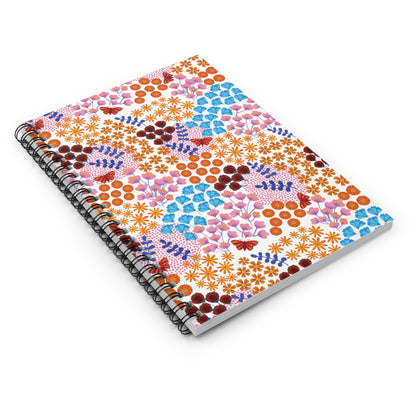 Floral Spiral Notebook with vibrant floral-and-butterfly pattern on cover, angled view. Ideal for creative notes or sketches, featuring sleek metal spiral binding for easy page turning. Compact and eco-friendly design.