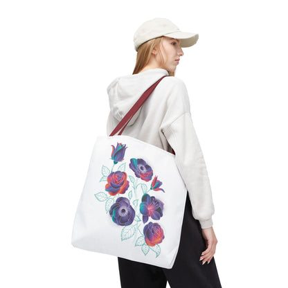 Vibrant Rose, Anemone, Lily Silhouettes Neon Floral Tote Bag showcases neon floral silhouettes against dark gray, embodying FireBrook Essentials' uplifting style. Durable polyester with reinforced handles ensures practicality and charm.