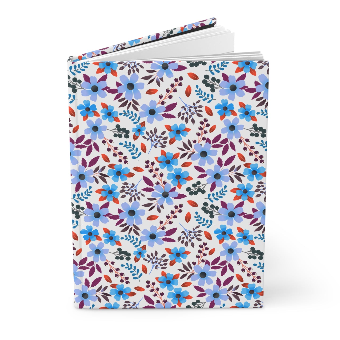 HARDCOVER JOURNAL, MATTE, RULED, 5X7, SEWN BIND, CLEAN-TEAR PAGES – BLOOM BRIGHTLY, featuring a vibrant floral pattern, stands upright with slightly fanned pages, embodying FireBrook Essentials' joyful design ethos.