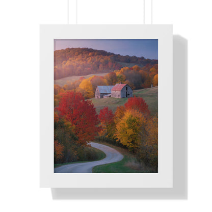 Vertical Poster - Countryside Fall Foliage Photography: A framed poster showcasing a serene countryside scene with a barn, red-roof, and vibrant autumn trees. Ideal for nature lovers and autumn decor enthusiasts.