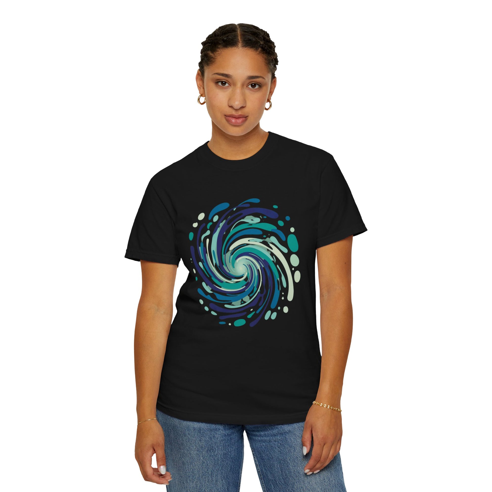 Ocean Waves Abstract T-Shirt features a modern, swirling ocean-inspired design with fluid lines and bubble-like shapes, embodying comfort and artistic flair, perfect for summer and beach outings.