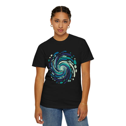 Ocean Waves Abstract T-Shirt features a modern, swirling ocean-inspired design with fluid lines and bubble-like shapes, embodying comfort and artistic flair, perfect for summer and beach outings.