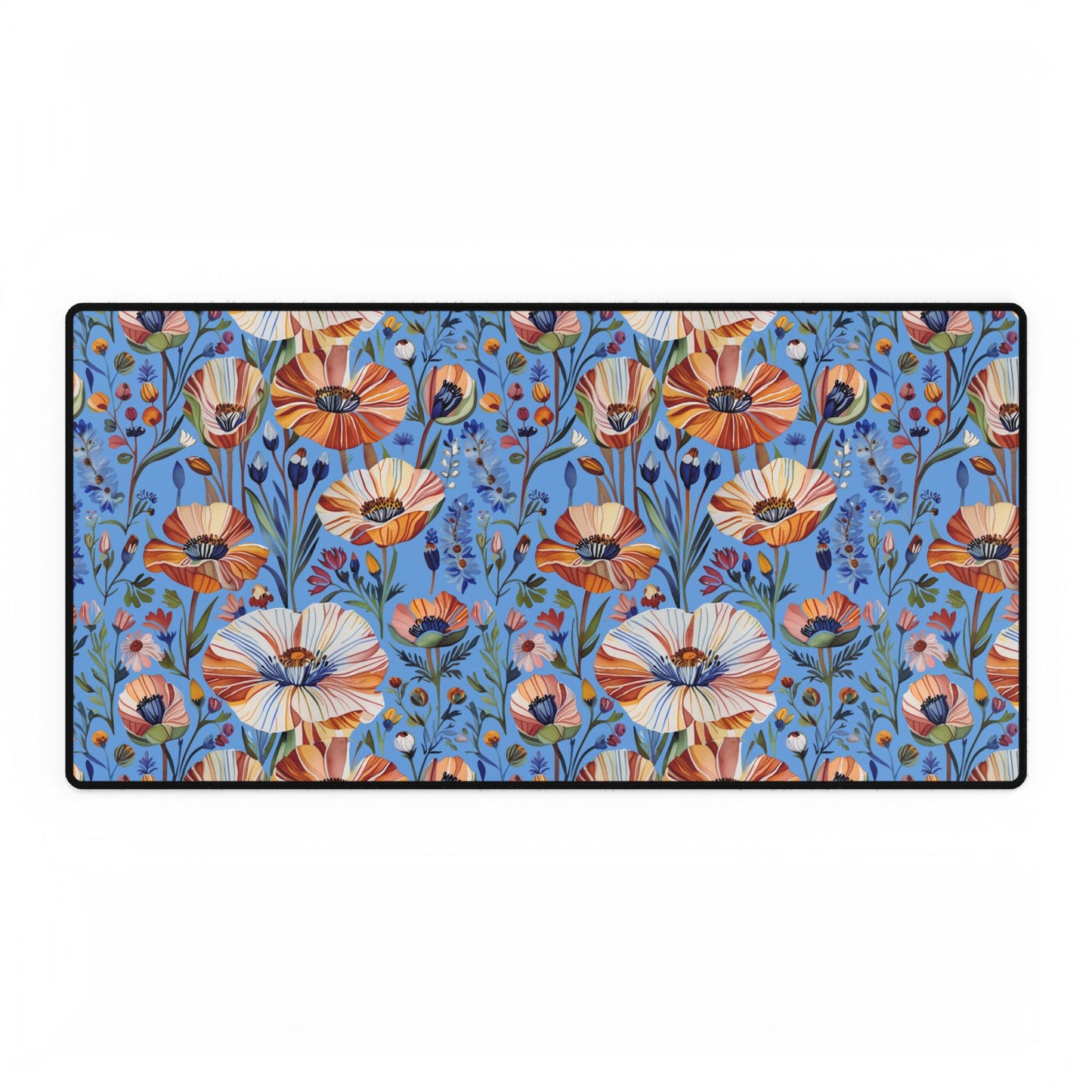 Desk Mats - Spring Wildflowers Poppy Cornflower Iris Design: A vibrant, nature-inspired desk mat featuring stylized orange, cream, and rust poppy-like flowers on a sky-blue background, bordered with a black stitched edge.