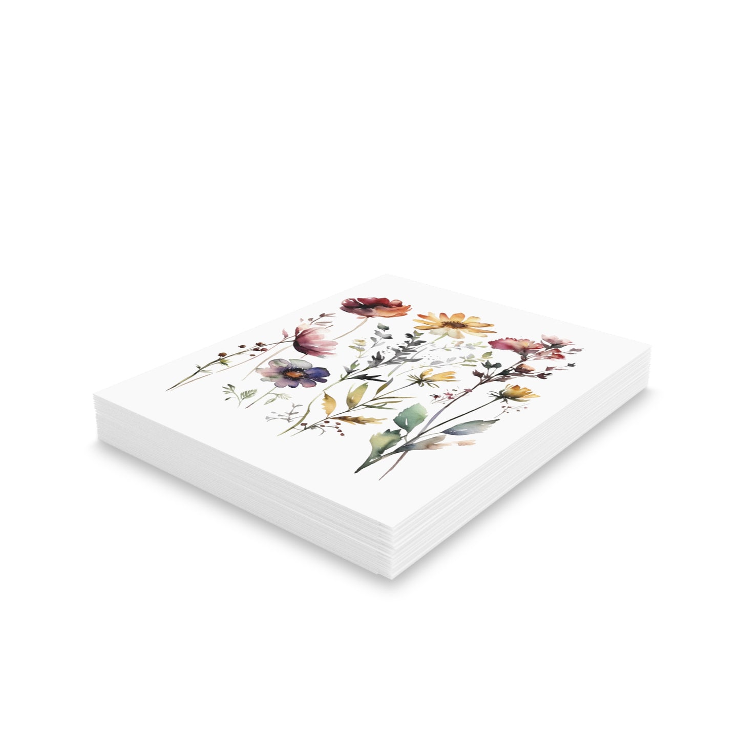 Flower Greeting Cards — Pack of 8/16/24, featuring watercolor-style wildflowers on white sheets. These cards, by FireBrook Designs, embody joy and positivity, perfect for heartfelt messages.