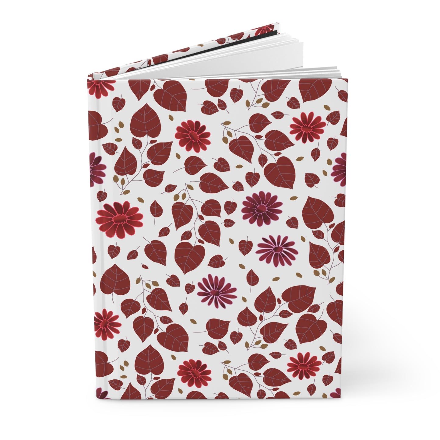 HARDCOVER JOURNAL, MATTE, RULES, 5X7, SEWN BIND, CLEAN-TEAR PAGES features a burgundy-red leaf and daisy pattern on a smooth cover, showcasing 150 lined pages visible along the top edge.