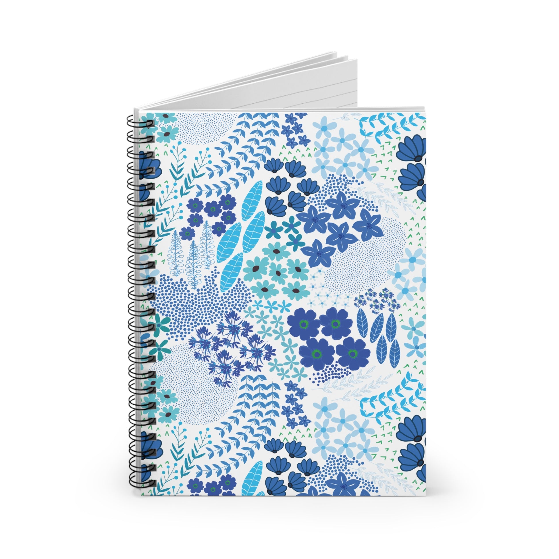 Floral Blue Motif Spiral Notebook with vibrant blue floral design on a white cover, featuring durable black coil binding. Ideal for creative jotting and organizing, reflecting FireBrook Designs' uplifting and stylish ethos.