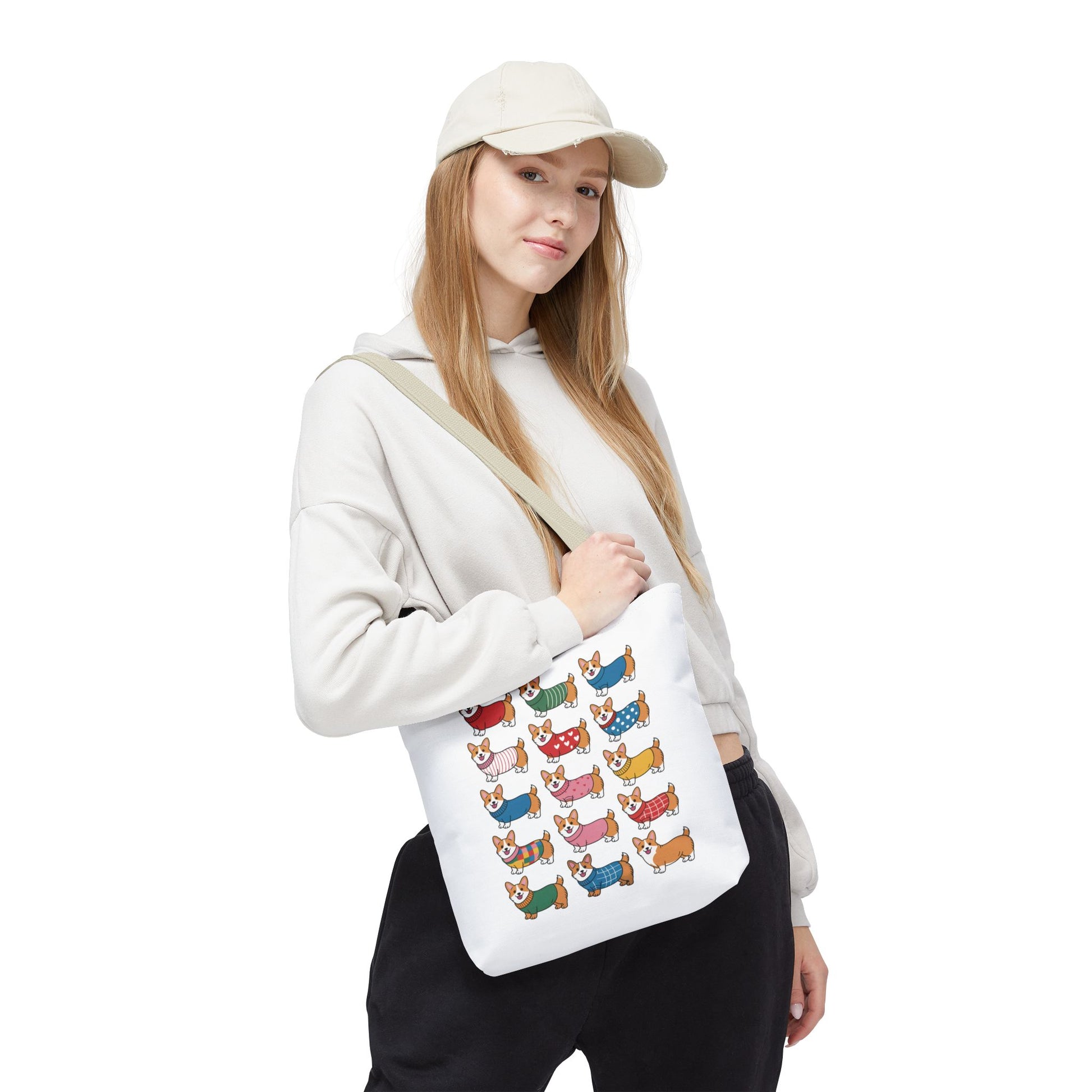 Cheerful Corgi Cartoon Style Dog Lover Tote Bag features adorable Corgis in unique outfits, perfect for dog enthusiasts. Durable polyester, available in three sizes with five handle options. Ideal for daily use.