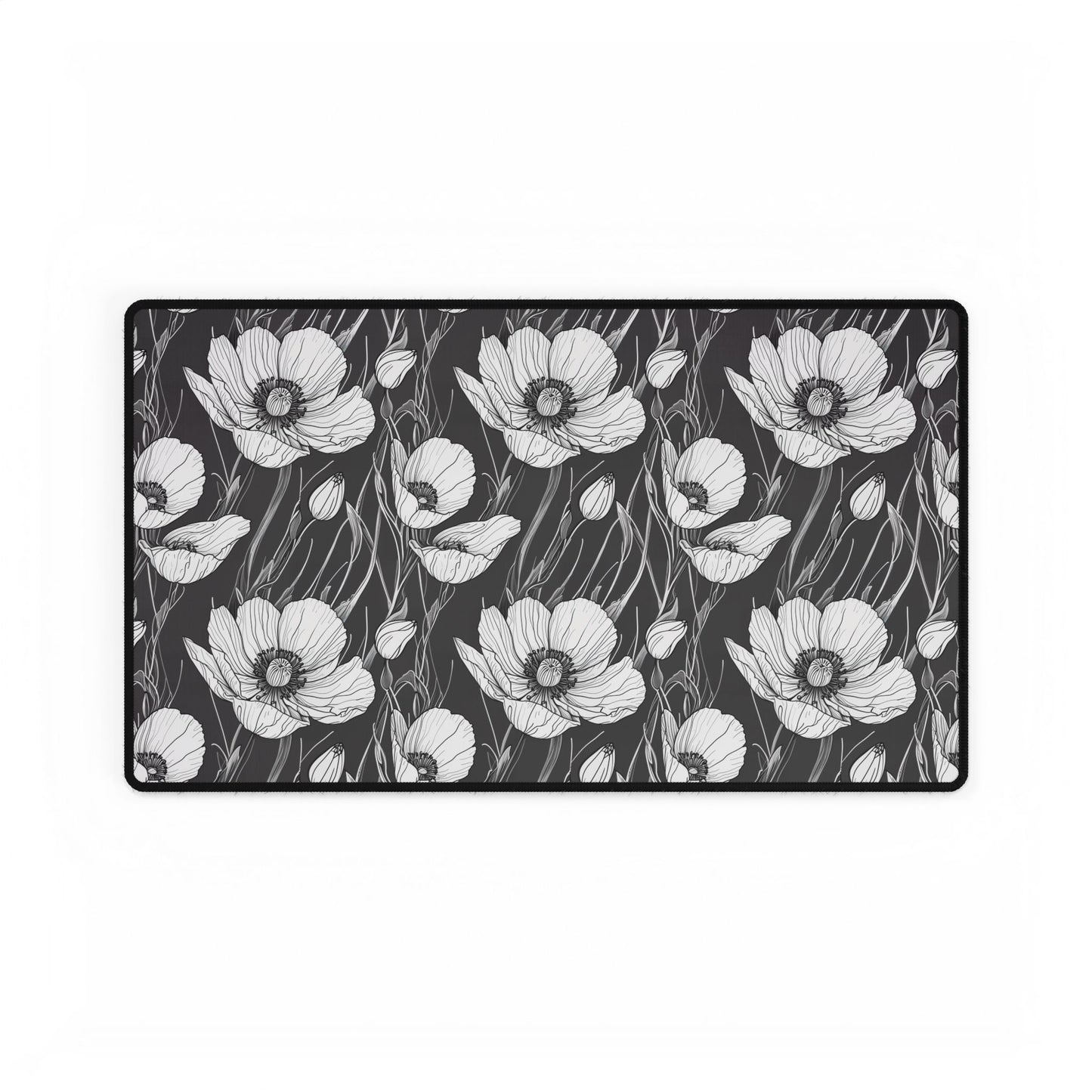Monochrome Poppies Floral Desk Mat featuring intricate black-and-white poppy line art, perfect for enhancing desk settings with elegance. Ideal as a gift for special occasions, adding style and functionality.