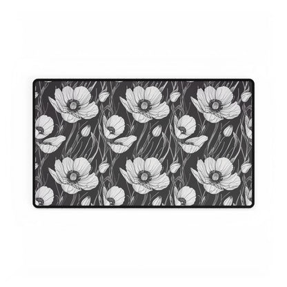 Monochrome Poppies Floral Desk Mat featuring intricate black-and-white poppy line art, perfect for enhancing desk settings with elegance. Ideal as a gift for special occasions, adding style and functionality.