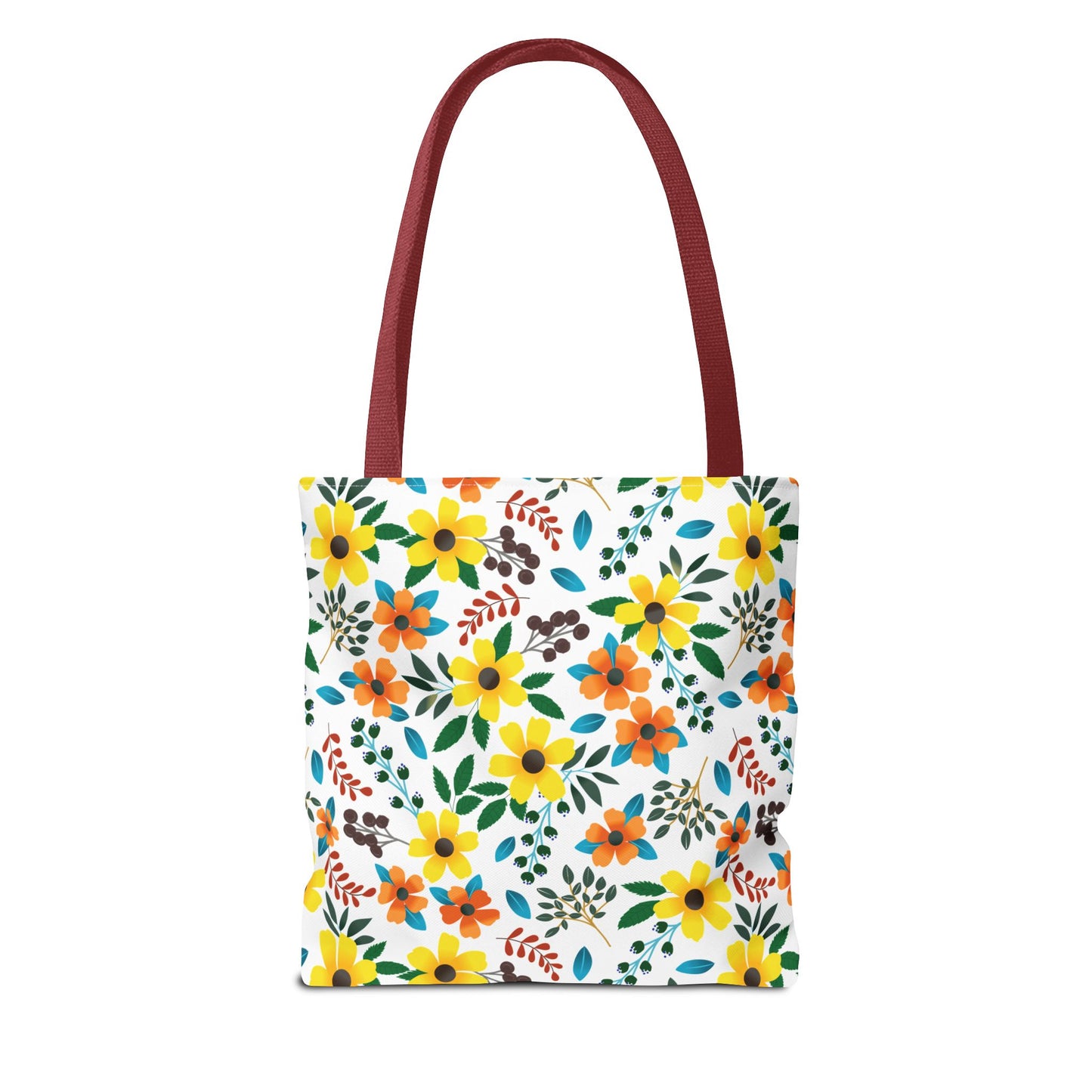 Floral Tote Bag featuring vibrant yellow and orange flowers with green leaves and blue accents on a white backdrop, complemented by burgundy-red handles, embodying FireBrook Designs' cheerful and uplifting style.