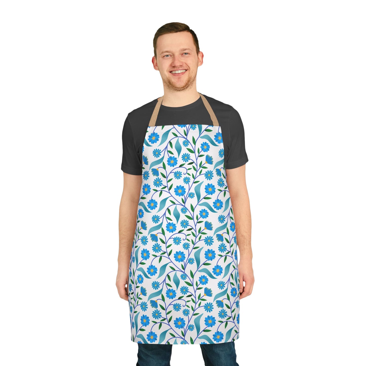 Man wearing Apron Floral Design, featuring a vibrant botanical print of stems and flowers, with a tan neck strap and tie-back closure, embodying FireBrook Essentials' stylish, comfortable apparel ethos.