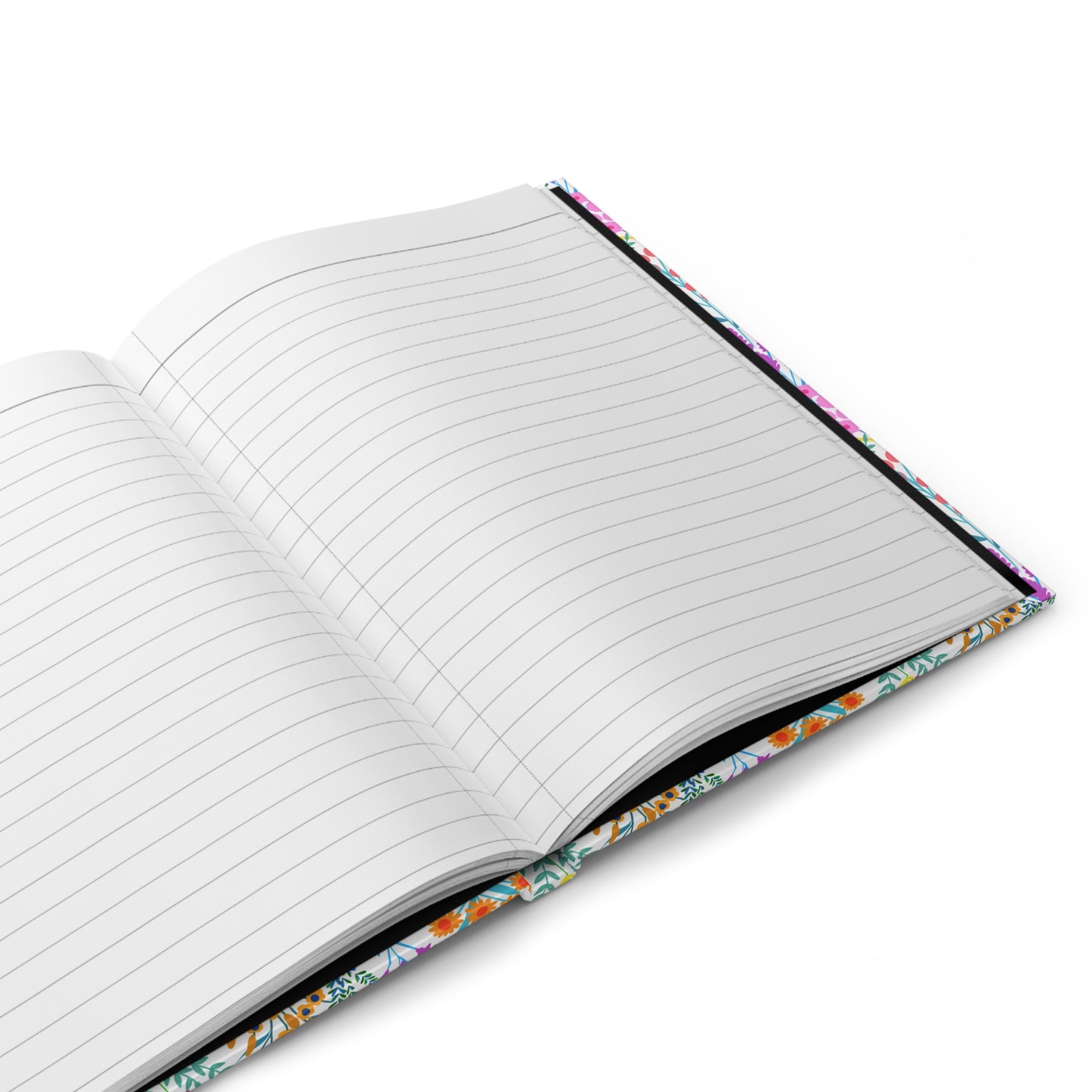 HARDCOVER JOURNAL, MATTE, RULED, 5X7, SEWN BIND, CLEAN-TEAR PAGES - FLORAL MEADOWS: An open notebook with blank lined pages and a vibrant floral hardcover, showcasing FireBrook Essentials' blend of style and functionality.