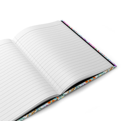 HARDCOVER JOURNAL, MATTE, RULED, 5X7, SEWN BIND, CLEAN-TEAR PAGES - FLORAL MEADOWS: An open notebook with blank lined pages and a vibrant floral hardcover, showcasing FireBrook Essentials' blend of style and functionality.