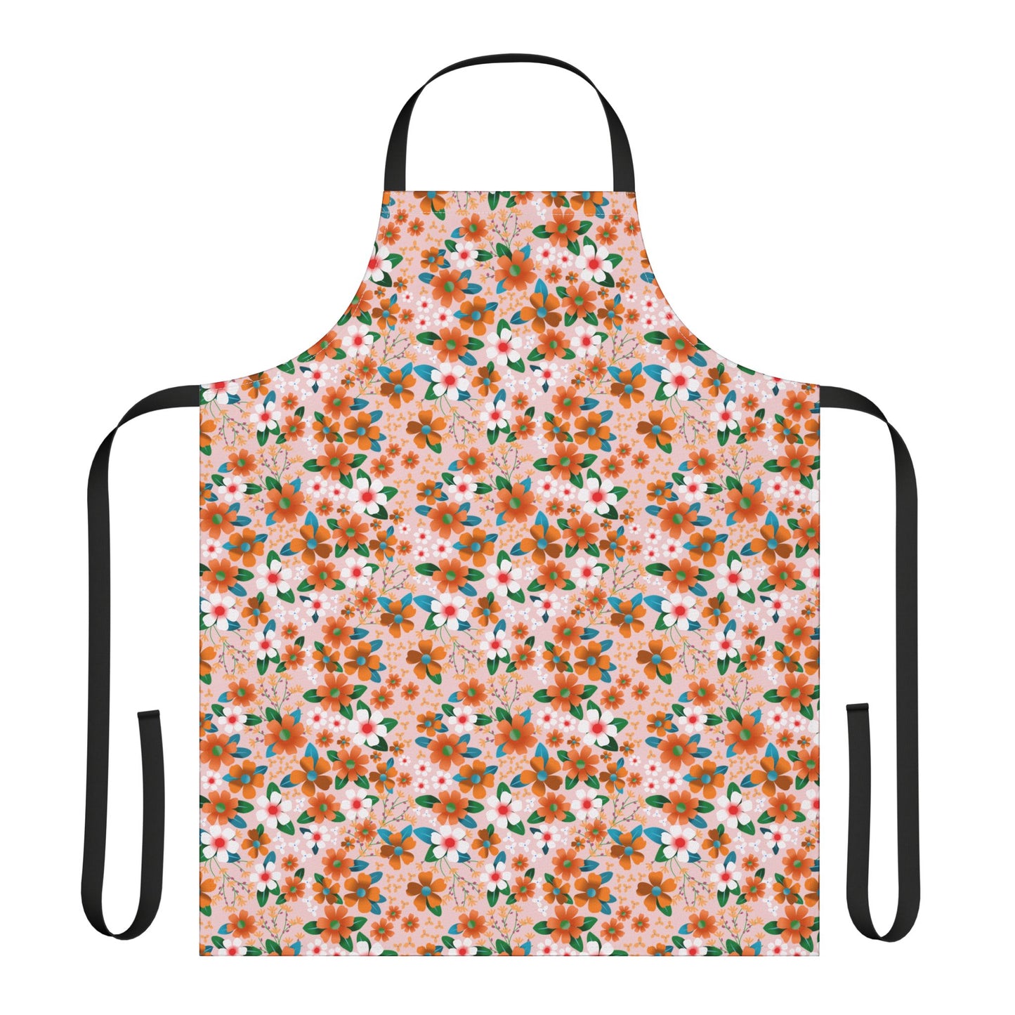 Floral Apron featuring a vibrant dense floral pattern on pale pink, with black neck strap and waist ties, crafted from stain-free polyester canvas, offering comfort and style for cooking or crafting.