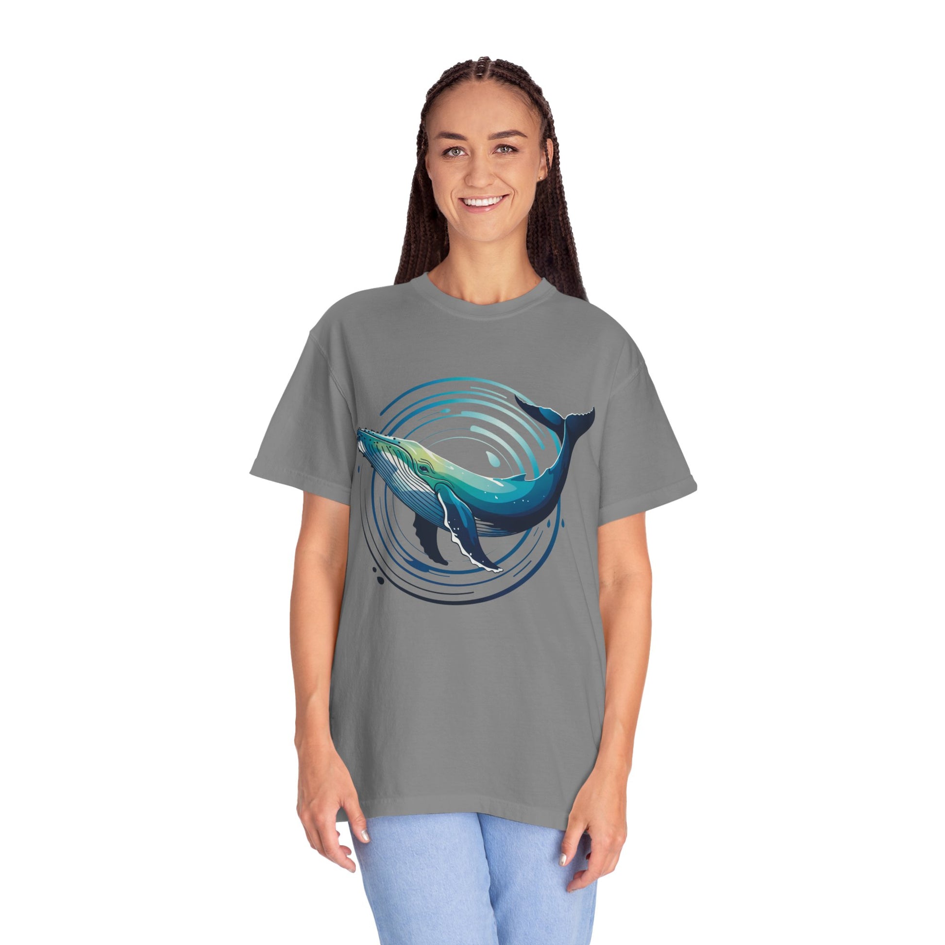 Ocean Wave with Humpback Whale Fin Design T-Shirt features an abstract ocean scene with a humpback whale fin, offering a stylish, artistic appeal. Ideal for casual wear and marine-themed events.
