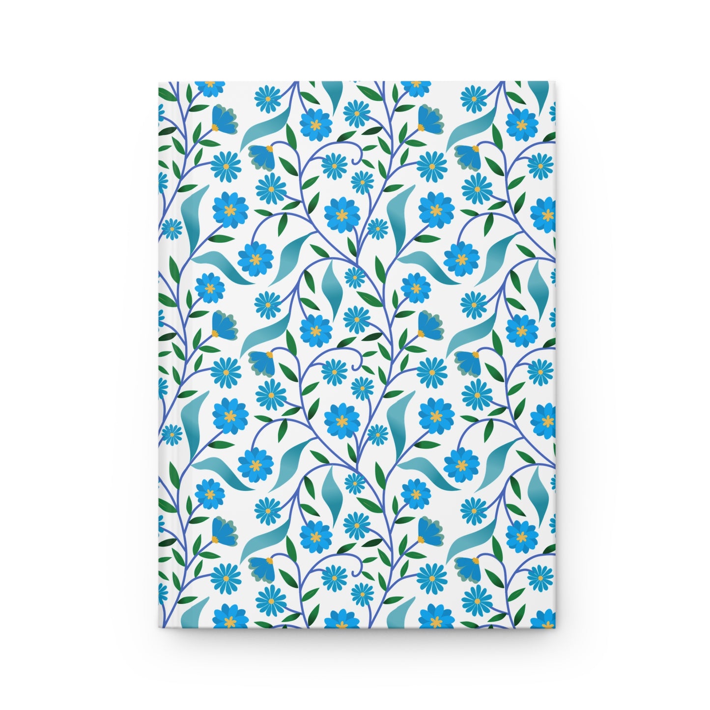 HARDCOVER JOURNAL, MATTE, RULED, 5X7, SEWN BIND, CLEAN-TEAR PAGES – BLUE DAISY VINE features a stylized floral cover with blue vines and flowers, offering vibrant design and durable finish, ideal for joyful journaling.