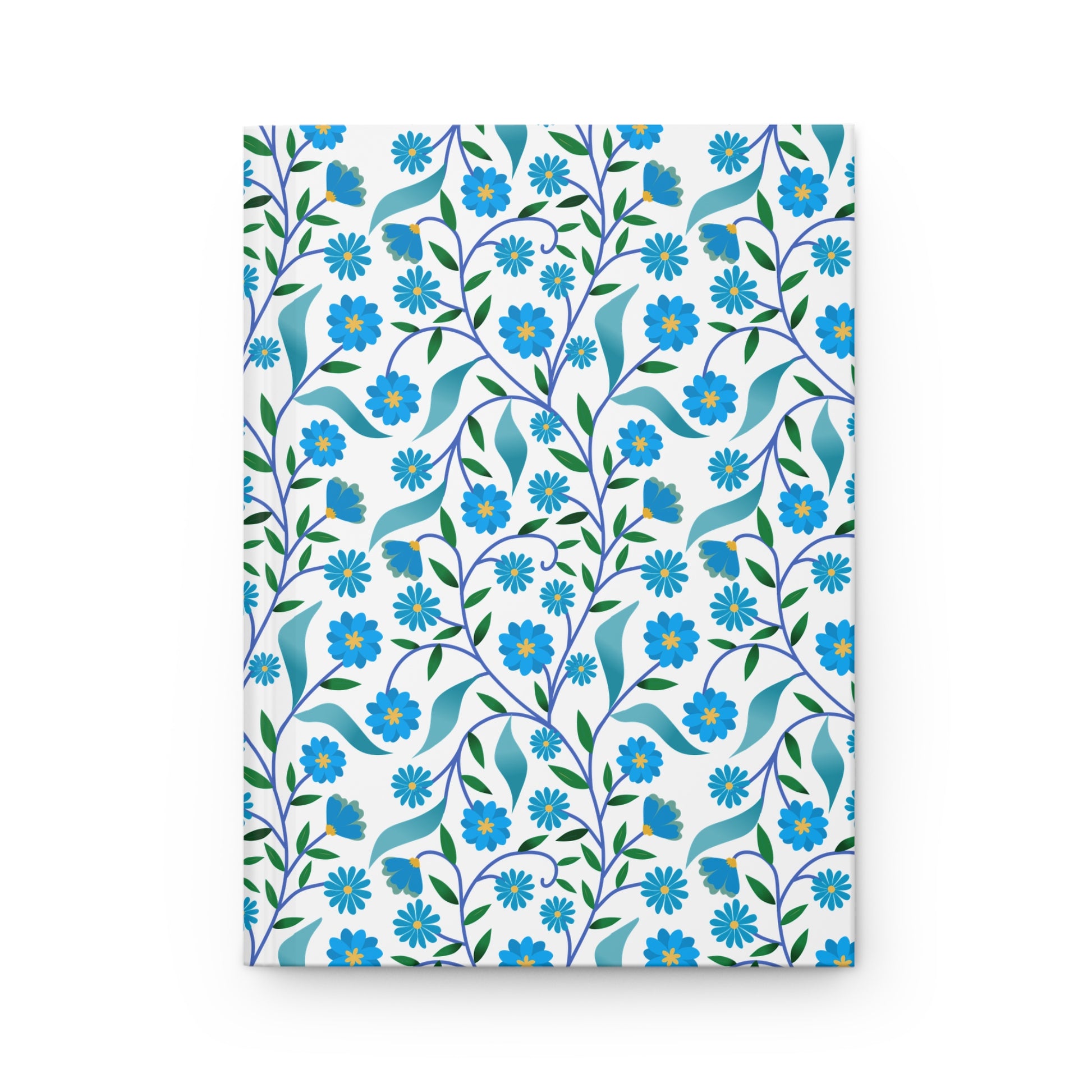 HARDCOVER JOURNAL, MATTE, RULED, 5X7, SEWN BIND, CLEAN-TEAR PAGES – BLUE DAISY VINE features a stylized floral cover with blue vines and flowers, offering vibrant design and durable finish, ideal for joyful journaling.