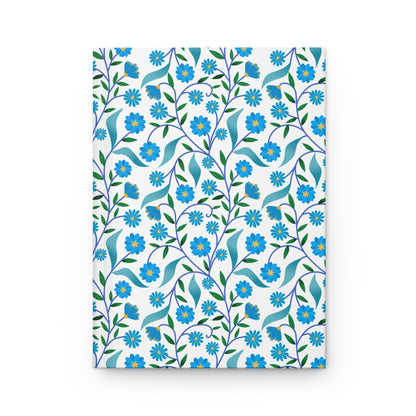HARDCOVER JOURNAL, MATTE, RULED, 5X7, SEWN BIND, CLEAN-TEAR PAGES – BLUE DAISY VINE features a stylized floral cover with blue vines and flowers, offering vibrant design and durable finish, ideal for joyful journaling.