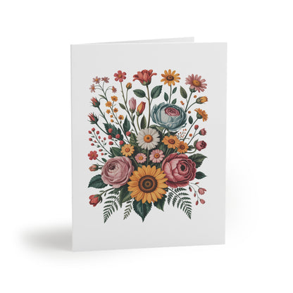 Flower Bouquet Greeting Cards — Pack of 8/16/24 features a vibrant floral illustration with a sunflower, ranunculus, daisies, and wildflowers on a matte-finish card, embodying FireBrook Essentials' uplifting design ethos.