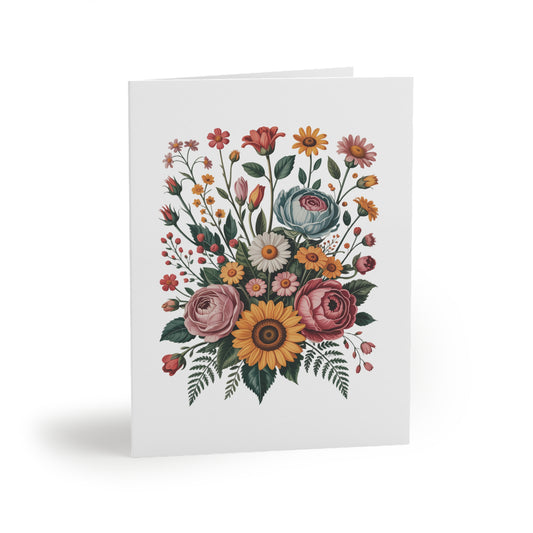 Flower Bouquet Greeting Cards — Pack of 8/16/24 features a vibrant floral illustration with a sunflower, ranunculus, daisies, and wildflowers on a matte-finish card, embodying FireBrook Essentials' uplifting design ethos.