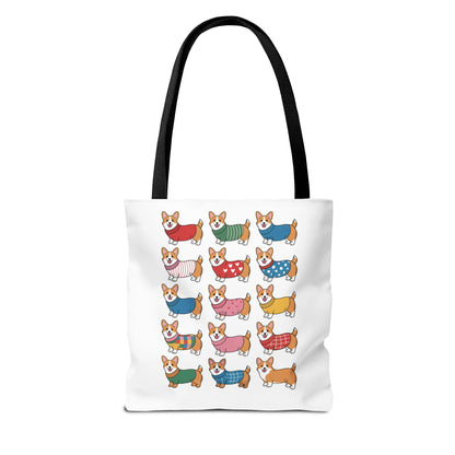Cheerful Corgi Cartoon Style Dog Lover Tote Bag showcases whimsical corgi illustrations in colorful outfits, ideal for dog enthusiasts. Durable polyester design, perfect for daily use, aligns with FireBrook Essentials' joyful ethos.